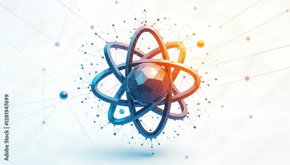 Aufkleber isolated polygonal science atom symbol on white. abstract molecule, nuclear particle physics concept