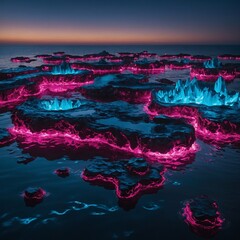 Floating islands made of liquid metal and neon lights