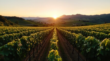 Fototapeta premium A stunning vineyard scene during golden hour, with sunlight illuminating the green grapevines and expansive hills, reflecting beauty and tranquility.