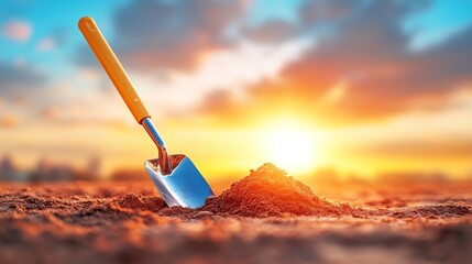 Hombre en ropa de trabajo cava un hoyo en tierra blanda durante el atardecer
