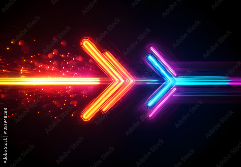 Poster vibrant neon arrow streaks across a dark background, illuminating the path forward with dynamic moti