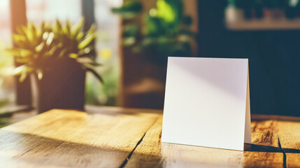 Blank white folded card mockup on wooden table with succulent in soft daylight
