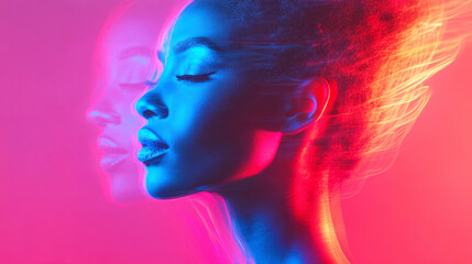 Vibrant neon portrait showcasing abstract energy and movement with bold color contrasts