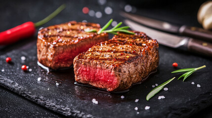 Char-grilled steaks with deep sear marks and gourmet presentation on a black background