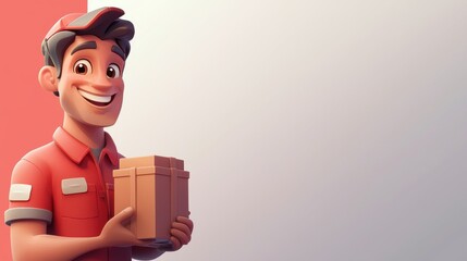 Smiling cartoon delivery man in red uniform holding a package ready for shipment.