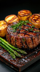 Grilled Steak with Asparagus and Grilled Potatoes on Black Background