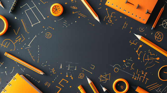 Banner with Creative Education Theme Featuring Pencil and Book Illustrations, Mathematical Symbols, and Bright Orange and Yellow Accents on a Dark Gray Background