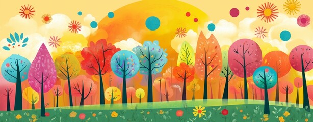 Obraz premium A vibrant forest scene with trees of varying shapes and sizes, showcasing the beauty in diversity, bathed under the warm sunlight. Vector illustration. Flat design. Minimalist style. Bright colors.