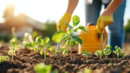 Voluntarios recogen herramientas de jardinería en un proyecto comunitario al atardecer