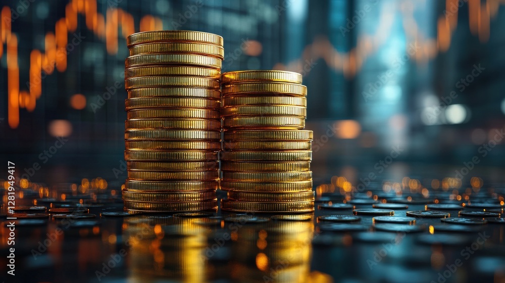 Poster stacked golden coins on a reflective surface with financial graphs in the background