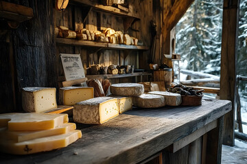 Aged alpine cheese served in loaves and slices at a rustic chalet