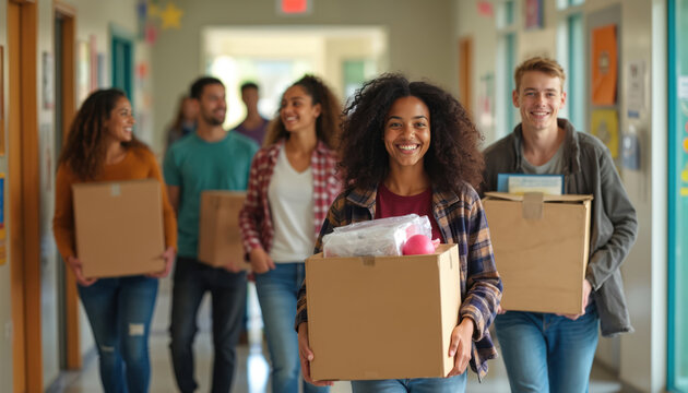 Group of diverse students move into dorm, carrying boxes along hallway. Smiling faces with sense of excitement. College campus living, new chapter, academic journey begins. Education concept, student