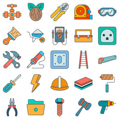 Workshop tools, repair maintenance icons set, Included icons as Drill, File, Paintbrush, Wheelbarrow and more symbols collection, logo isolated vector illustration
