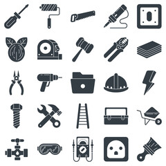 Workshop tools, repair maintenance icons set, Included icons as Drill, File, Paintbrush, Wheelbarrow and more symbols collection, logo isolated vector illustration