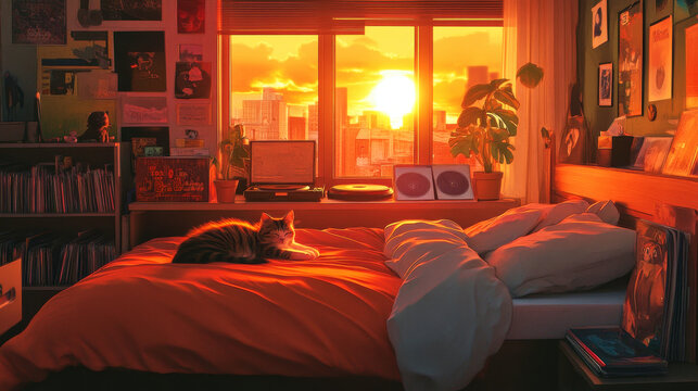 Cozy lofi anime bedroom with warm sunset and a sleeping cat on the bed