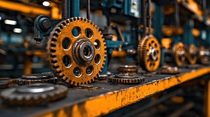 Fototapeta premium Industrial gears, factory machinery, close-up, production process