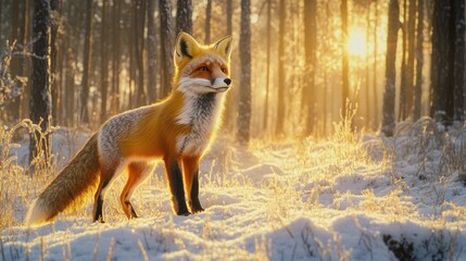 Fototapeta premium Fox standing on snow in forest during sunrise.