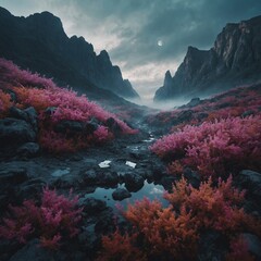Dreamlike landscape merging real-world elements with abstract AI forms