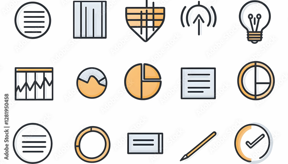 Poster collection of colorful flat design icons representing data visualization and business processes. use