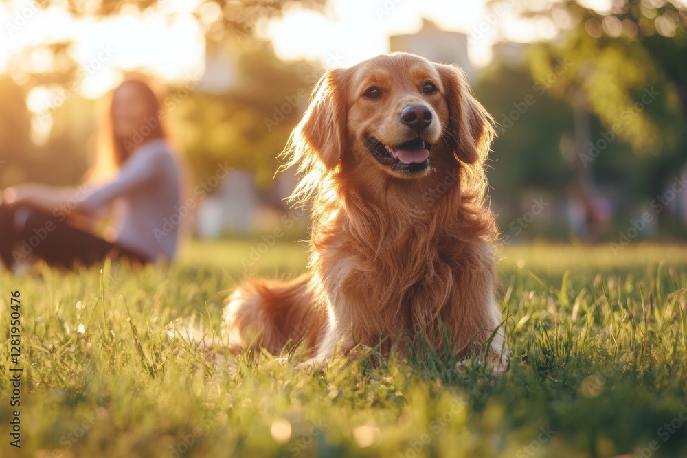 Aufkleber golden retriever enjoys a sunny afternoon in the park with its owner sitting nearby. generative ai