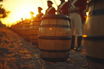 Soldiers prepare for a reenactment with barrels lined up at sunset in a historic setting