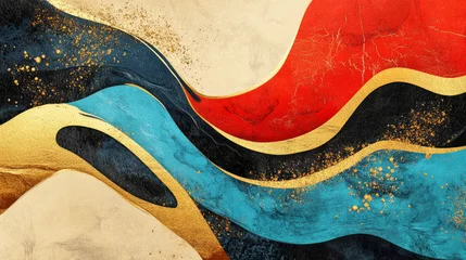 Gordijnen Luxury abstract artwork featuring fluid red and blue forms against soft beige background © Taras Vykhopen