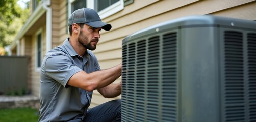 Hvac technician in grey uniform repairs residential air conditioner. Repairman services ac unit. Home conditioning system maintenance, heat ventilation, cooling equipment inspection, fixing. Skillful