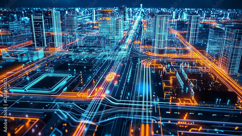 Poster futuristic digital cityscape animation with glowing neon gridlines and data streams