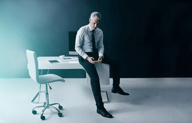 Search, phone and business man in office for trading portfolio, stock broker news and client...