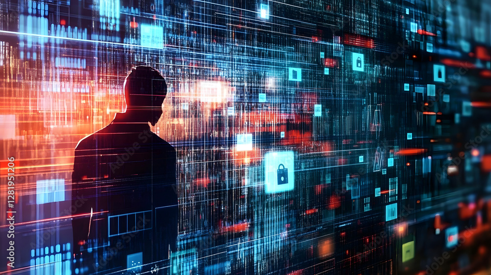 Aufkleber cybersecurity concept with hackers and layered firewall protections in digital data breach attempt
