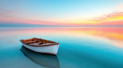 Naklejka premium A quaint wooden boat floats effortlessly on tranquil waters, reflecting enchanting sunset hues, creating a breathtaking scene wrapped in serenity and natural beauty.