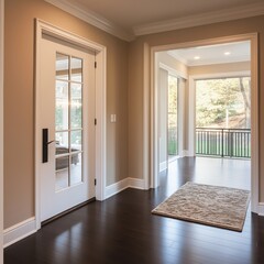Fototapeta premium Elegant hallway with dark hardwood floors, leading to a sunlit patio.