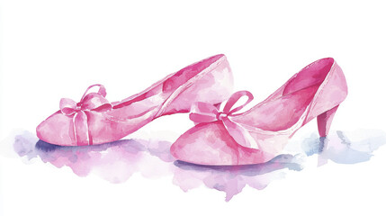 Pink ballet shoes with bows, watercolor illustration, soft colors, elegant design, artistic expression, feminine style