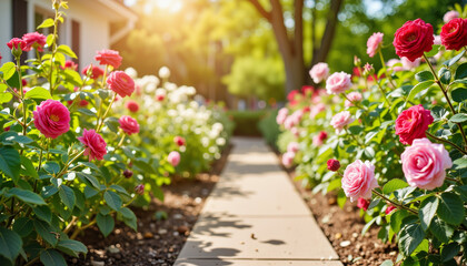 Naklejka premium Colorful roses blooming along a bright garden path