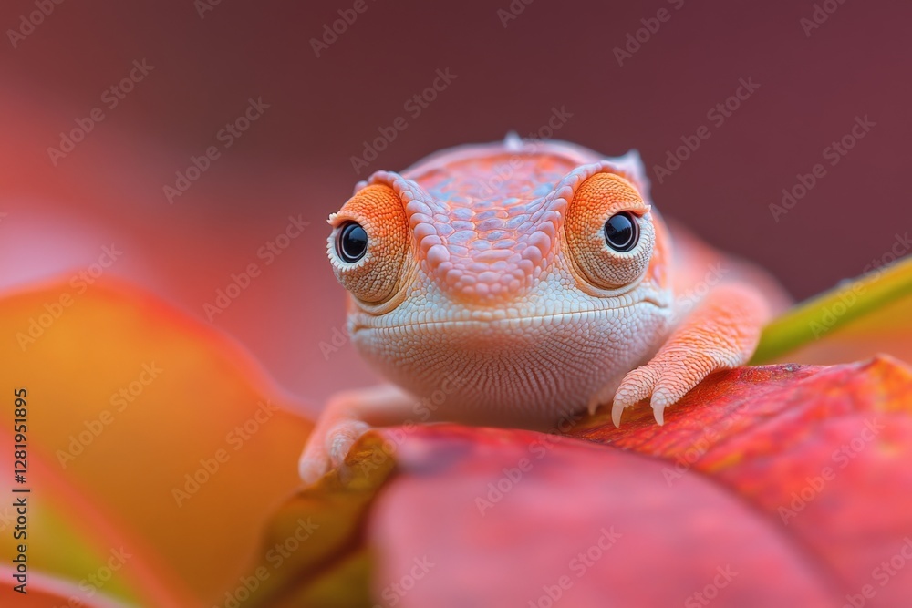 Poster unique gecko perched on vibrant autumn leaves showing intricate patterns and colors in a natural set