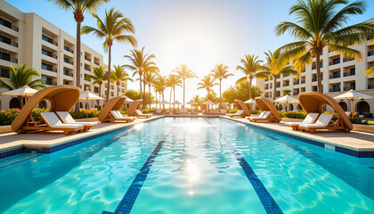 Luxury resort pool with sun loungers and palm trees at sunset