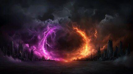 Dark fantasy landscape featuring a vibrant portal with lightning amidst a stormy sky