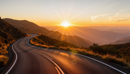 Winding road at sunset in mountainous landscape