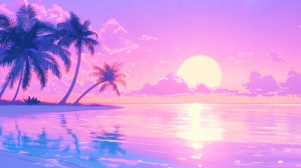 Naklejka premium Relaxing beach sunset captures vibrant colors and calming vibes in a lofi anime style