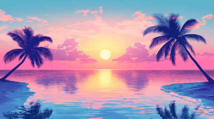 Obraz premium Colorful anime lofi beach sunset with smooth ocean reflections and gentle palm silhouettes