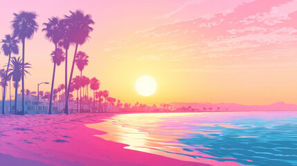 Relaxing beach sunset with colorful anime style and warm summer vibes