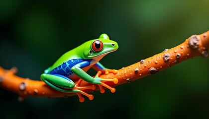 Obraz premium A vibrant, colorful little frog rests delicately on a flower, creating a serene and enchanting scene. 