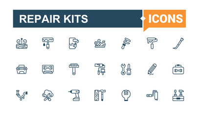Repair Kits icons set. Contains linear outline icons like work, screw, build, saw, paint and more. Thin linear style icons. Solid line editable vector illustration.