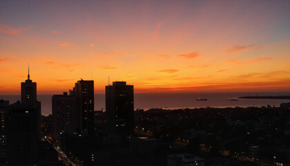 Fototapeta premium Sunset over urban skyline with ocean view