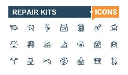 Repair Kits icons set. Contains linear outline icons like work, screw, build, saw, paint and more. Thin linear style icons. Solid line editable vector illustration.