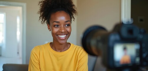 Young smiling black woman speaks in front of camera giving video testimony for online channel. 20s female vlogger creating video blog content post engaged with new media. Modern communication tech,