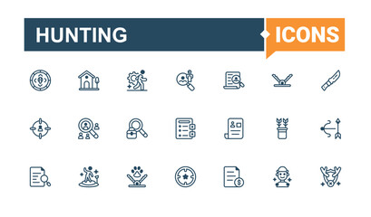 Set of Hunting line icons. Related to bow, hunt, man, point, fire, binoculars, arrow, tourism. Flat icon design. Solid line editable stroke.