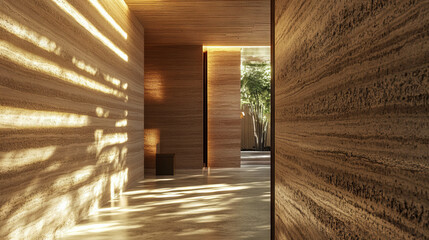 Modern interior design with rammed earth clay wall texture and layered lighting