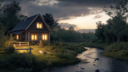 Cozy log cabin nestled beside a tranquil river at sunset.