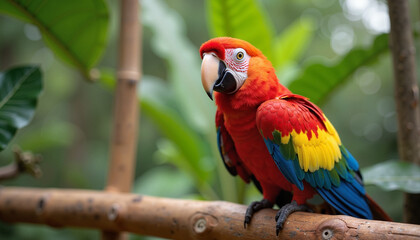 Obraz premium A colorful parrot with vibrant red, yellow, and blue feathers perches on a branch, exuding exotic beauty and charm. Ideal for Pet Day promotions, parrot care products, and tropical bird awareness.